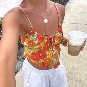 Summer Forever Tie Front Cami Tank Orange Multi Floral Daisy Print